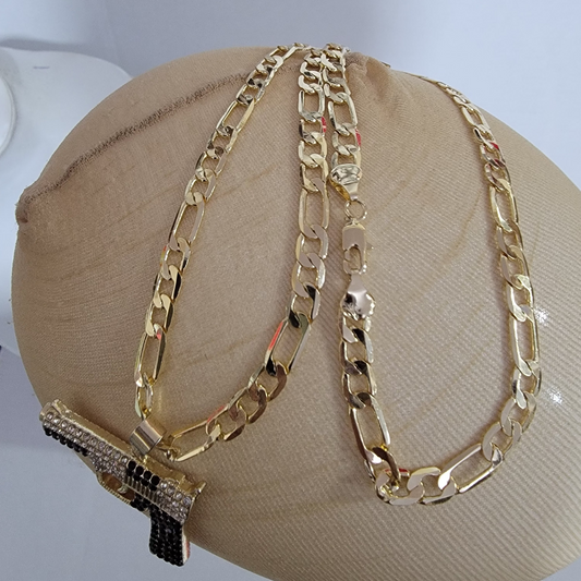 Cadena Cubana Dije ARMA 14K/8mm/24 pulgadas