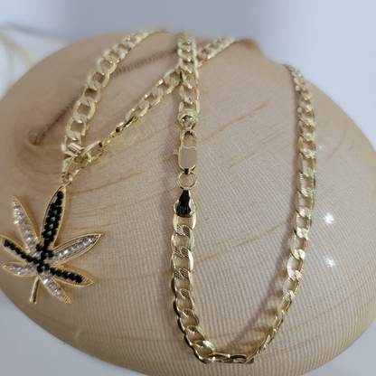 Cadena Cubana Hoja de Marihuana Color 14k/6mm/24 pulgadas