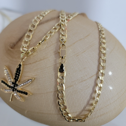 Cadena Cubana Hoja de Marihuana Color 14k/6mm/24 pulgadas