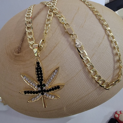 Cadena Cubana Hoja de Marihuana Color 14k/6mm/24 pulgadas