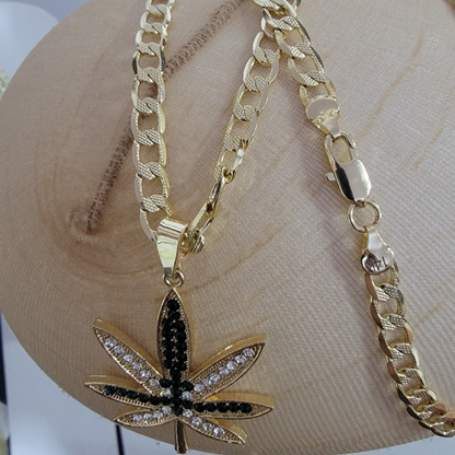 Cadena Cubana Hoja de Marihuana Color 14k/6mm/24 pulgadas