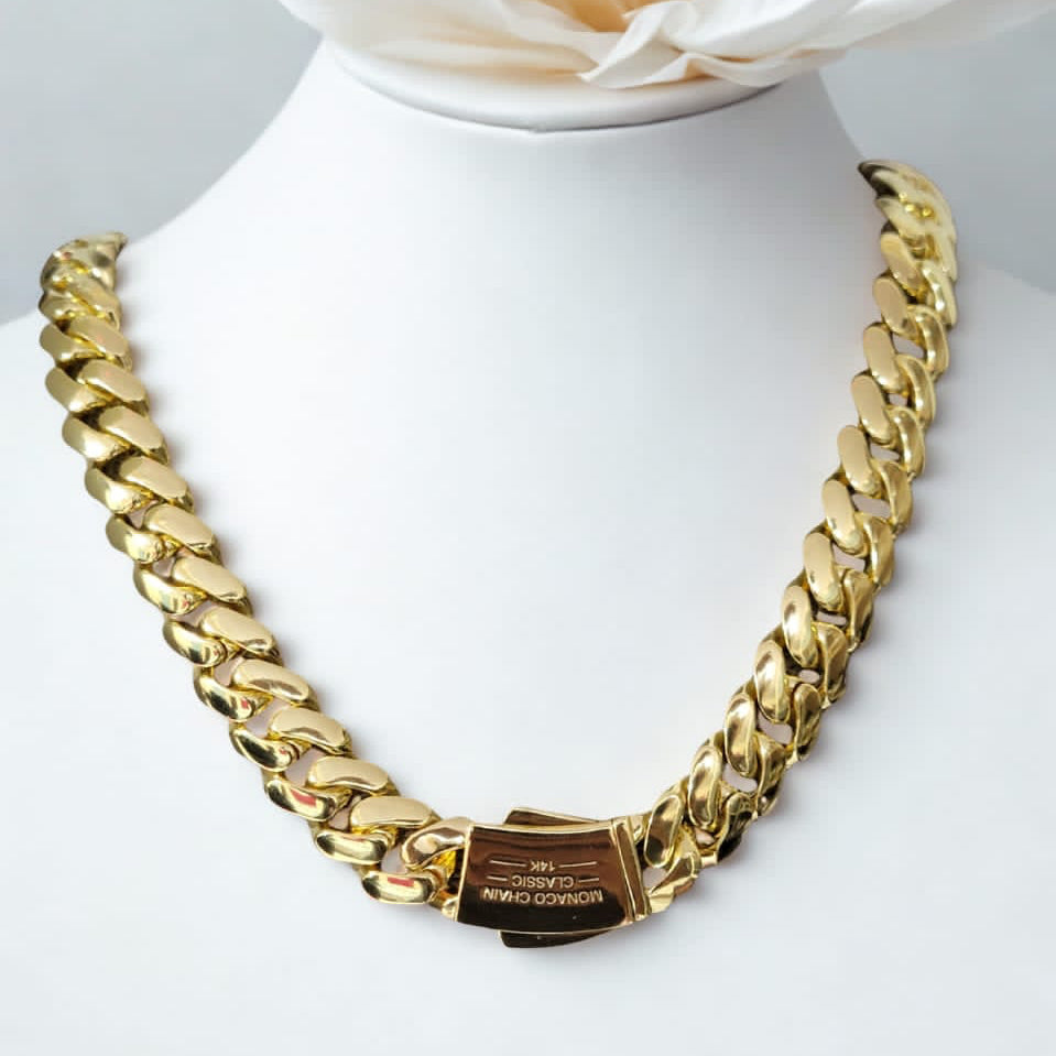 Cadena Cubana Mónaco Premium con Broche Liso – Oro 14K Chapado en 5 Capas (12 mm, 24”)