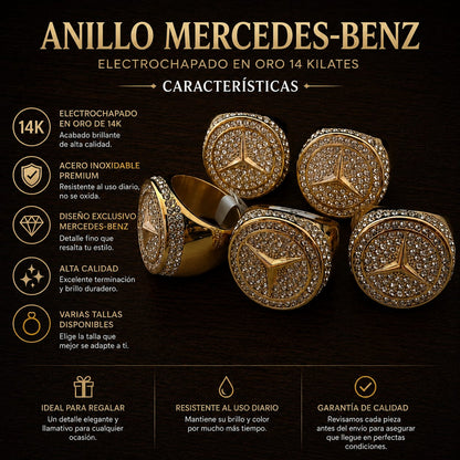Anillo Mercedes-Benz Electrochapado en Oro 14K | Acero Inoxidable Premium