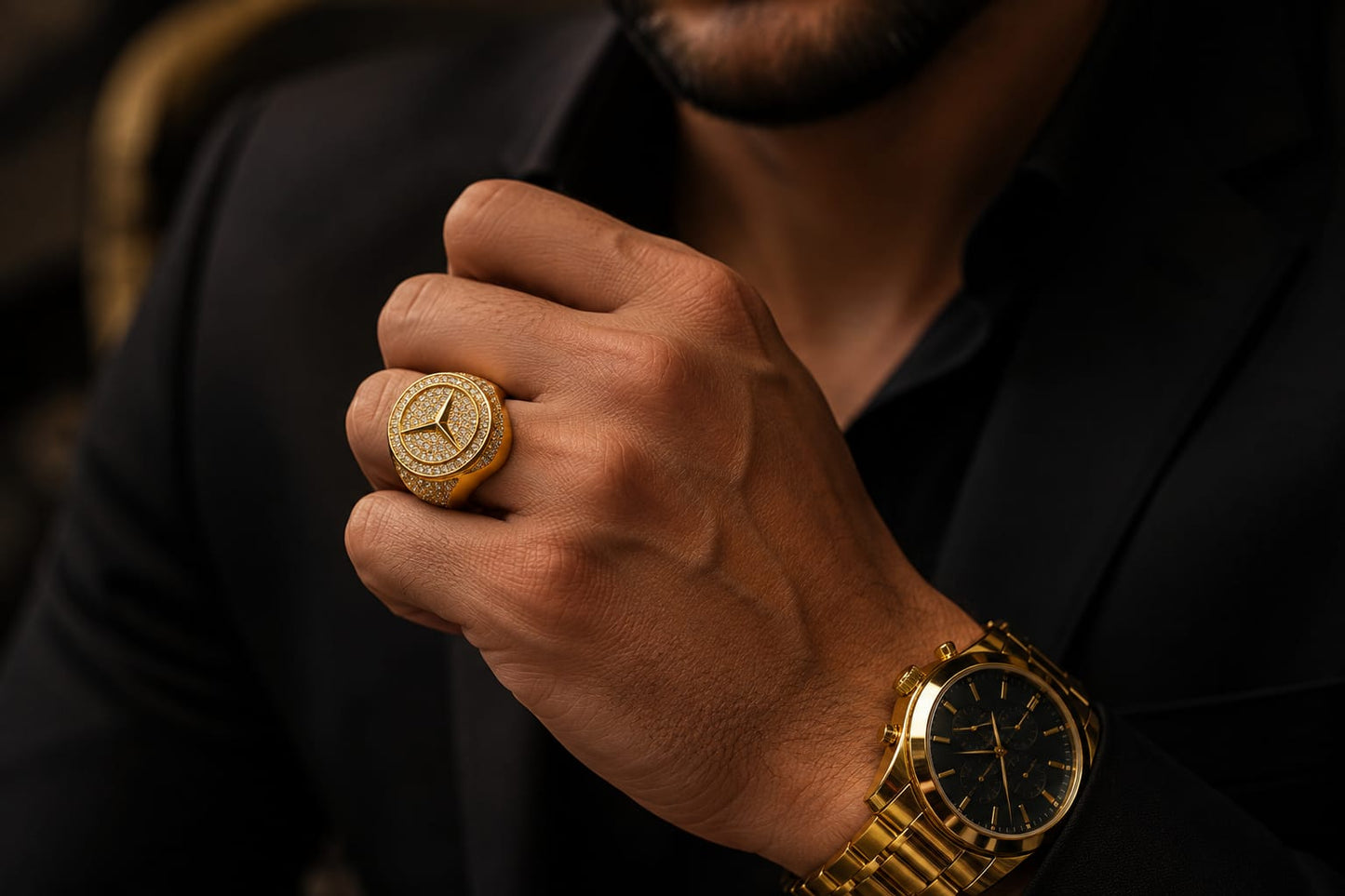 Anillo Mercedes-Benz Electrochapado en Oro 14K | Acero Inoxidable Premium