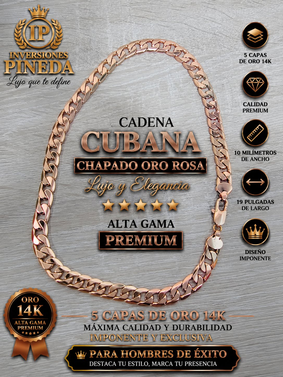 cadena cubana sin dije chapada en oro rosa 10 milímetros
