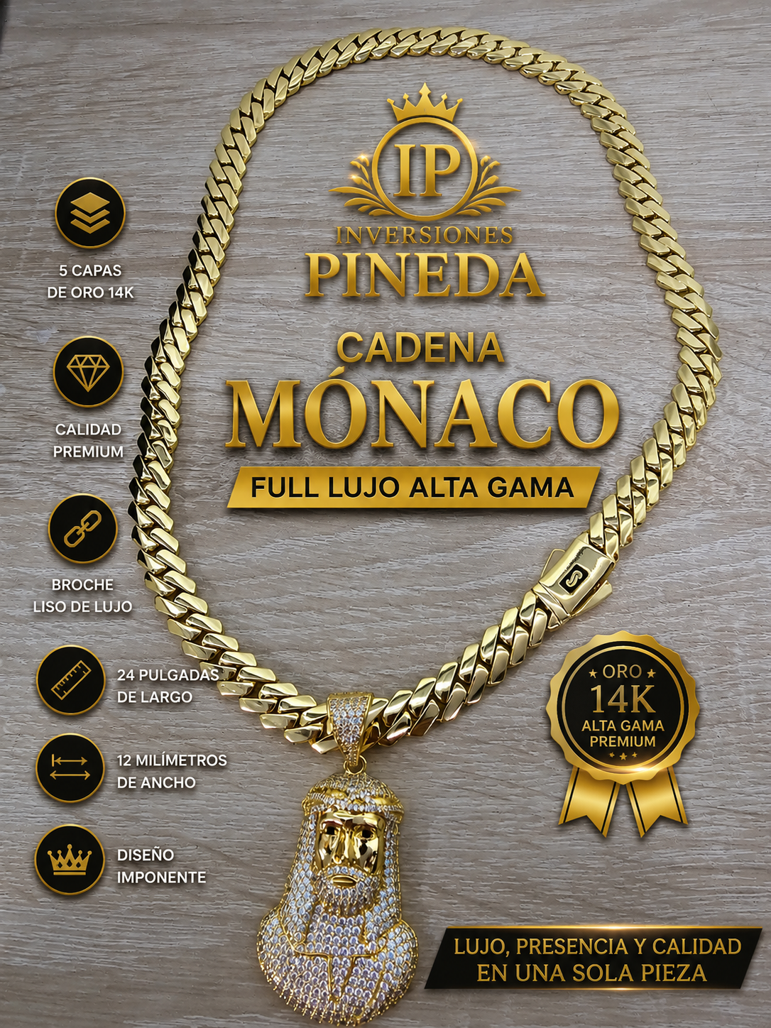 Mónaco chain con dije broche liso alta gama 12 milímetros
