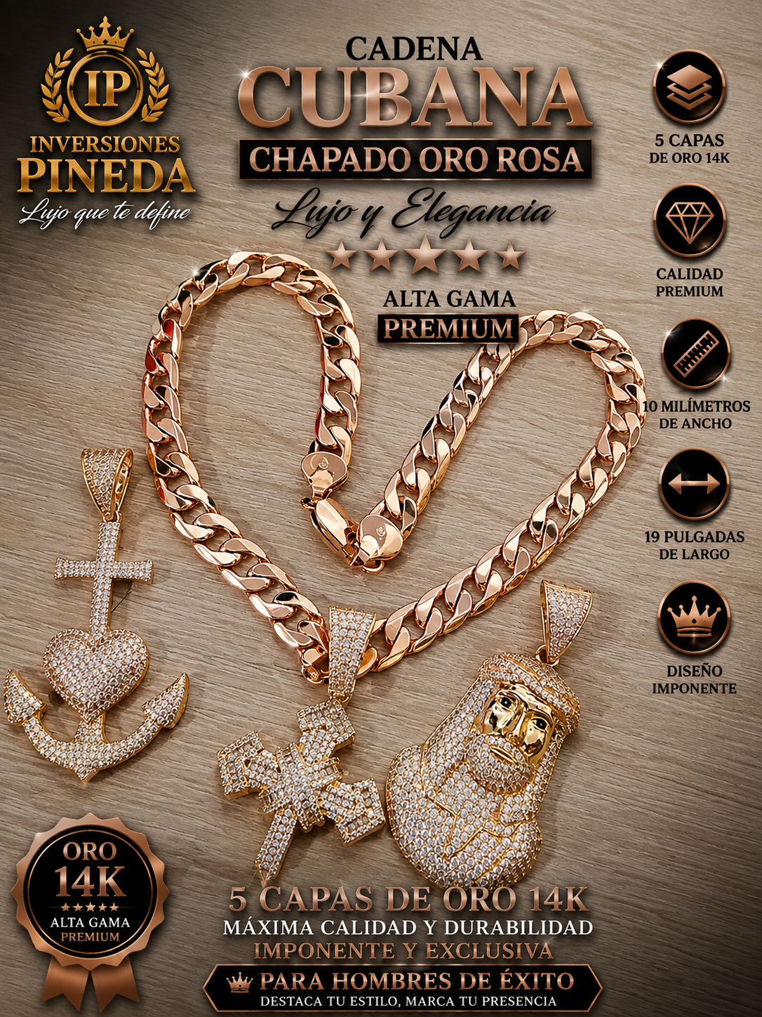 cadena cubana con dije chapada en oro rosa 10 milímetros