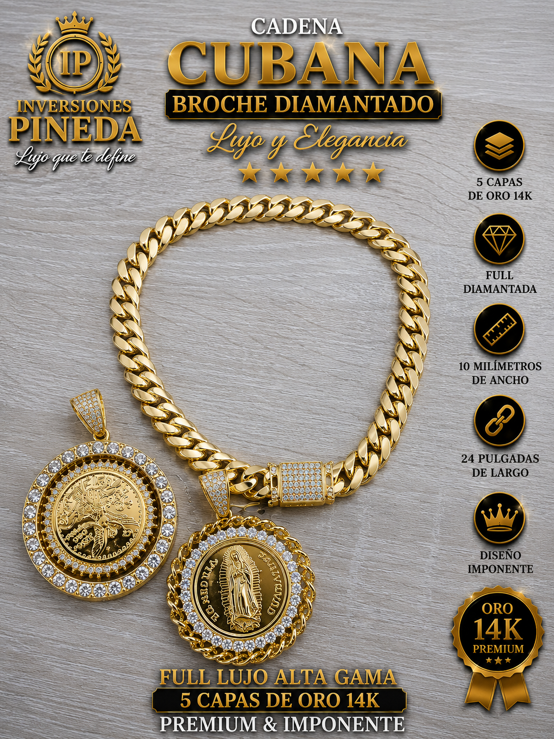 cadena cubana 10 mlm broche diamantado dije a elección