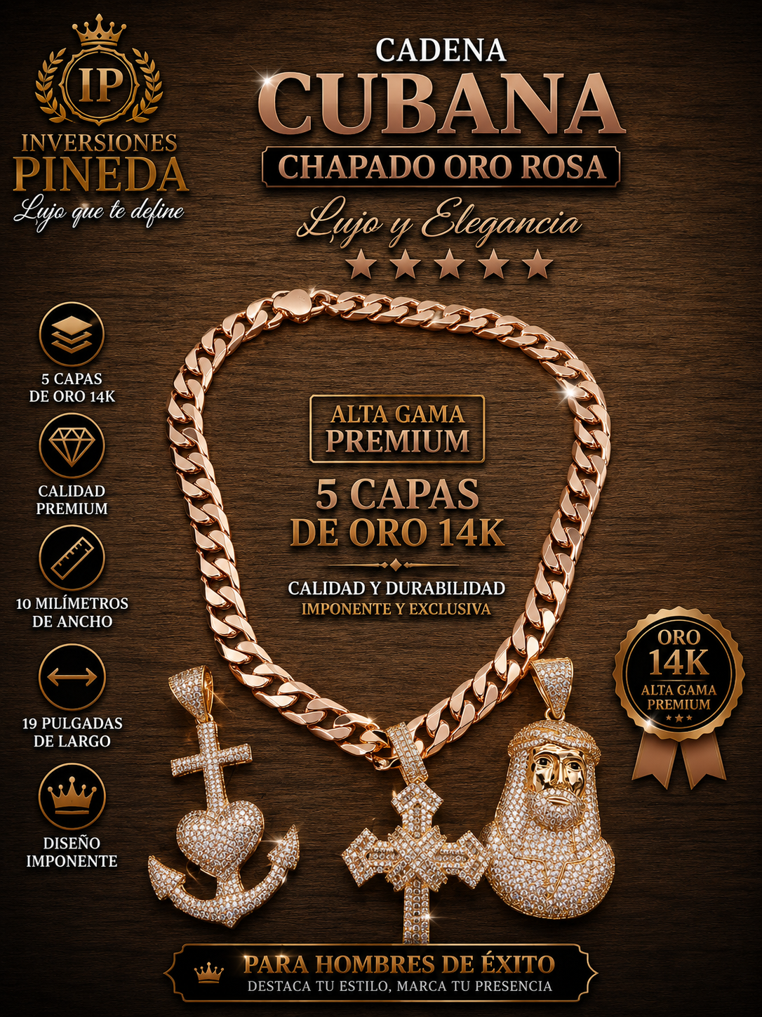 cadena cubana con dije chapada en oro rosa 10 milímetros